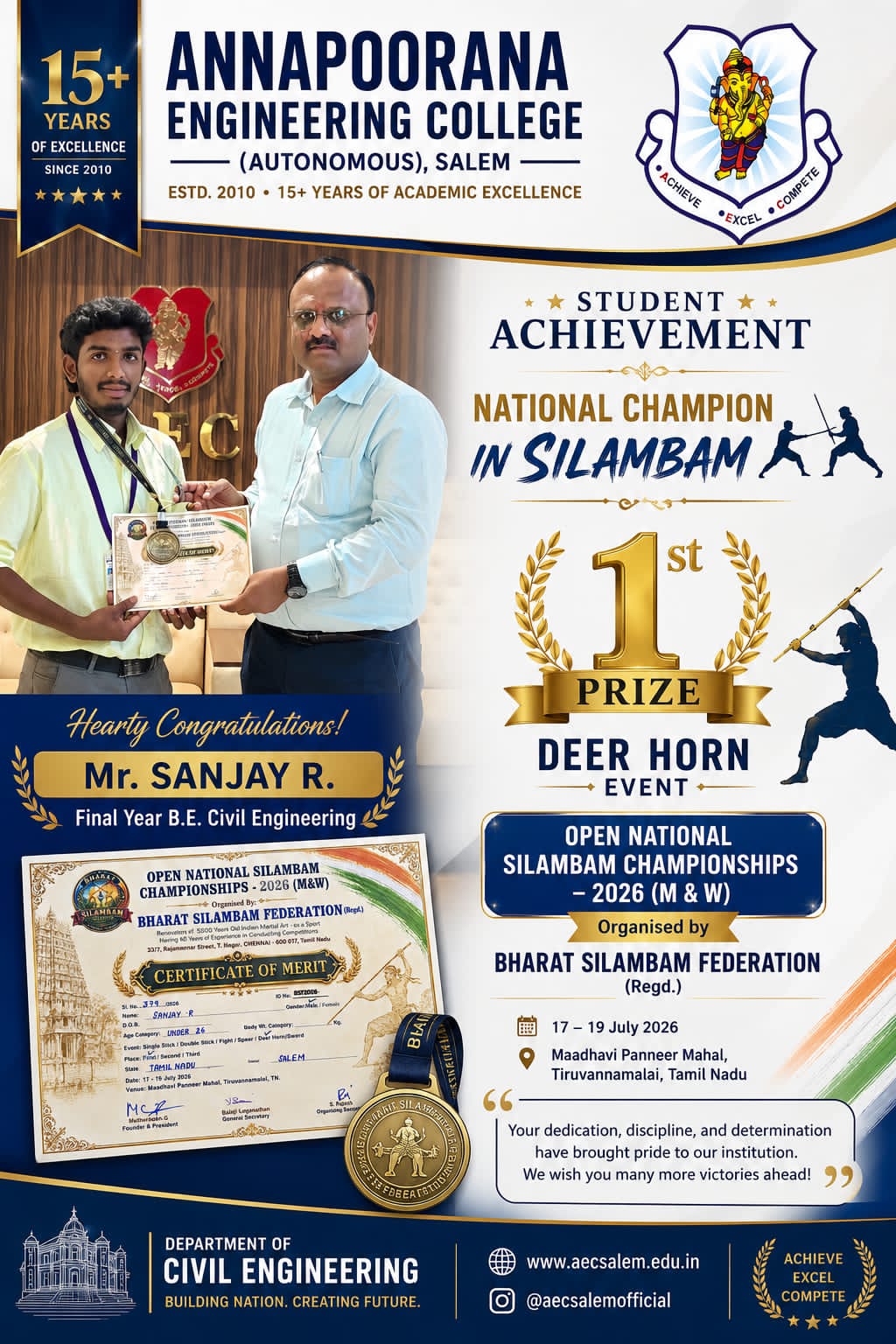 National champion in silambam first prize Deer horn open national silambam championship 2026.
